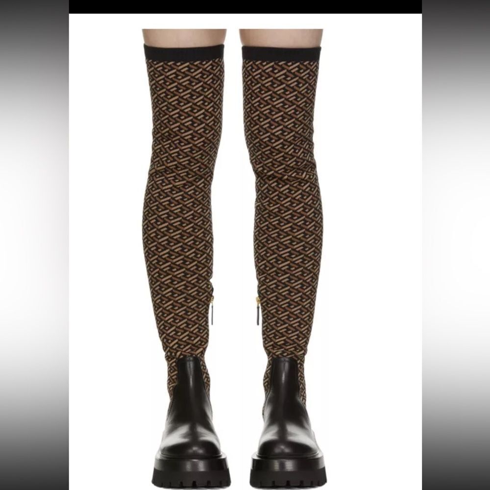 Authentic Versace Leonidas La Greca Over-the-Knee Riding Boots Monogram Pattern